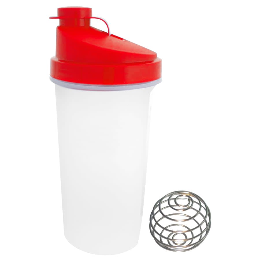 A drink bottle with a red lid and base, featuring a transparent body and a stainless steel whisk ball beside it.