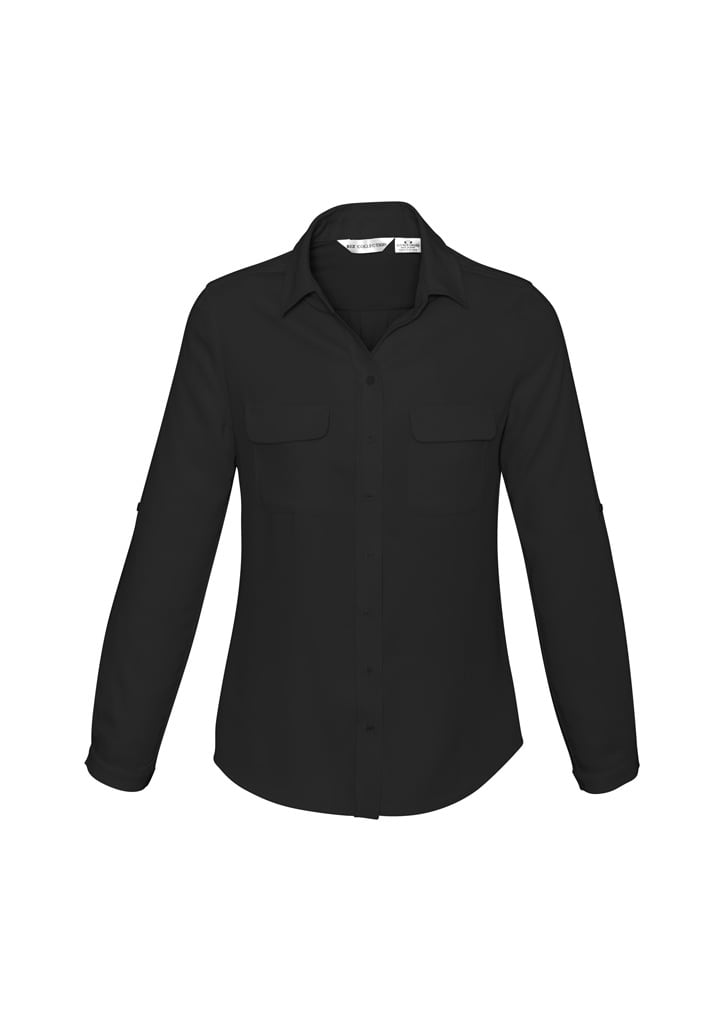 A black long sleeve shirt featuring button-up front, two chest pockets, and roll-up sleeve option.