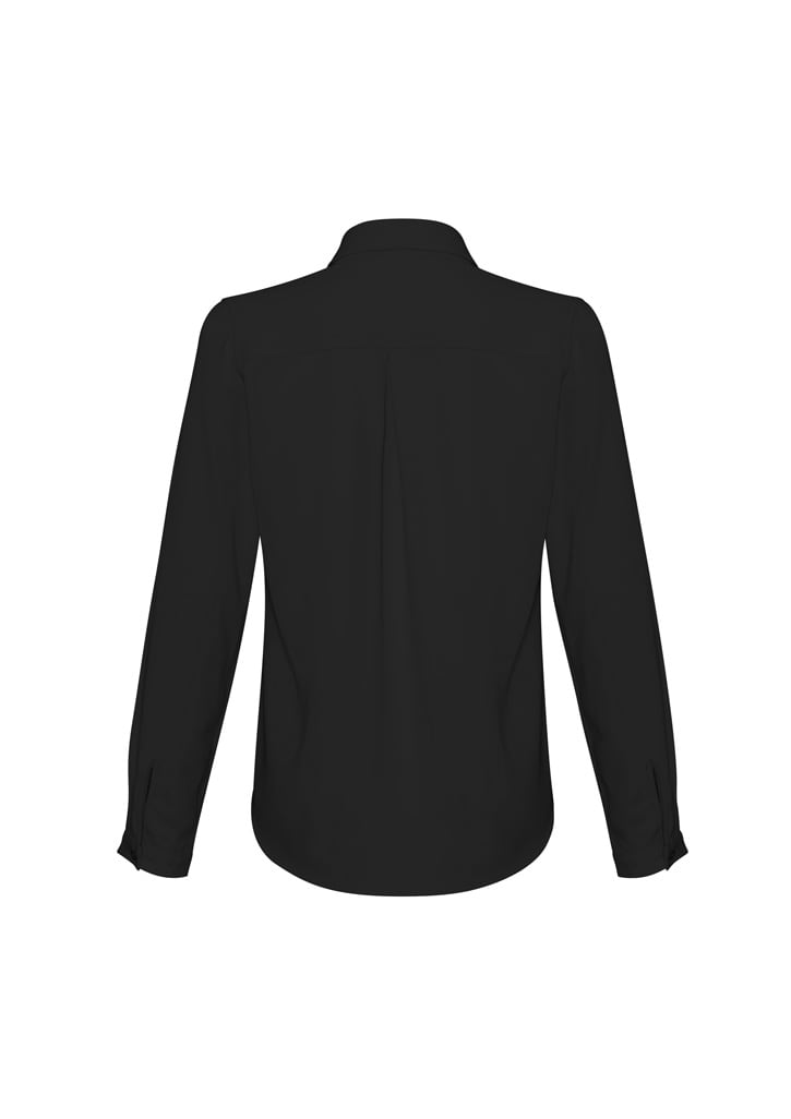A black long sleeve button-up shirt with a collar and a plain back. Features include a subtle logo.