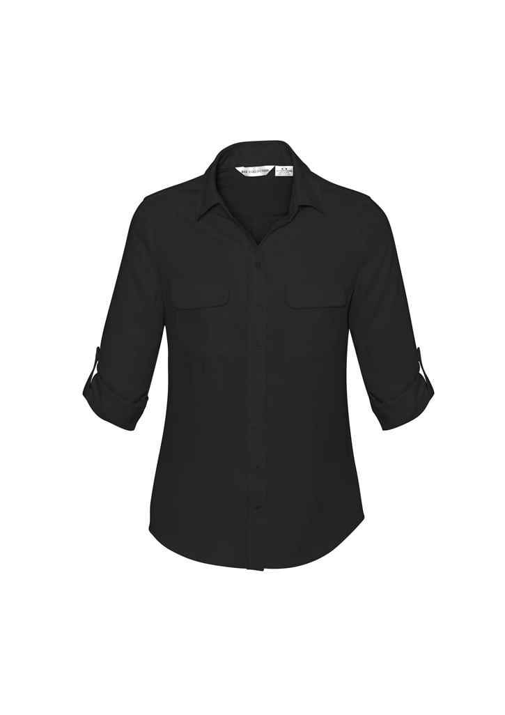 A black women's long sleeve button-up shirt featuring two chest pockets and rolled sleeves.