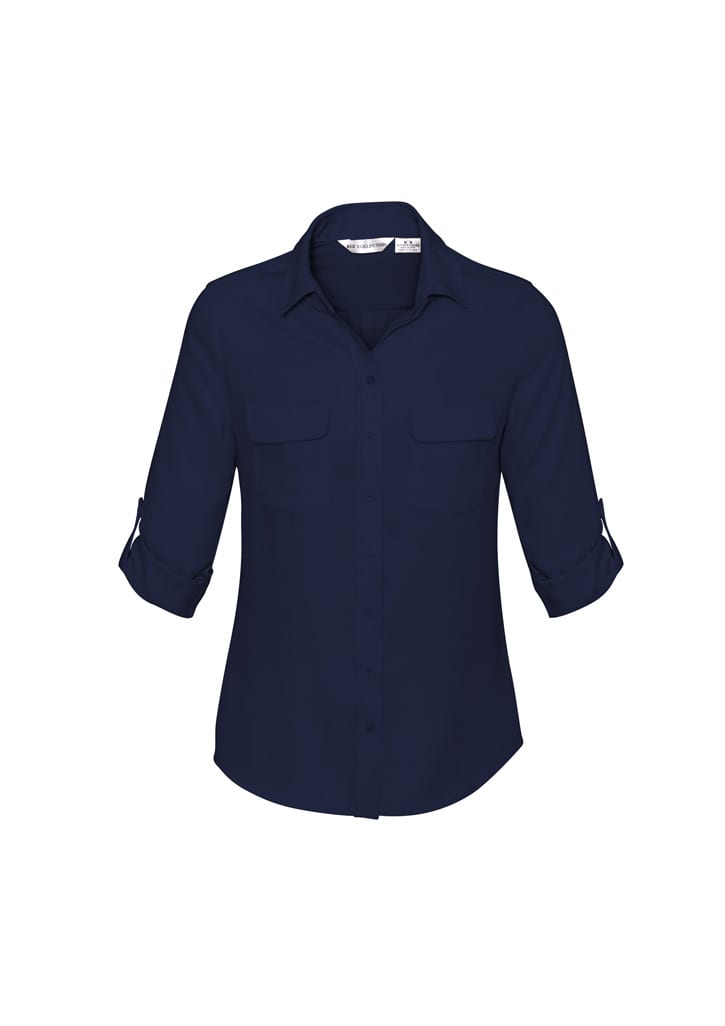 A navy blue women's button-up shirt featuring a collared neckline and roll-up sleeves. It has two chest pockets and branding.