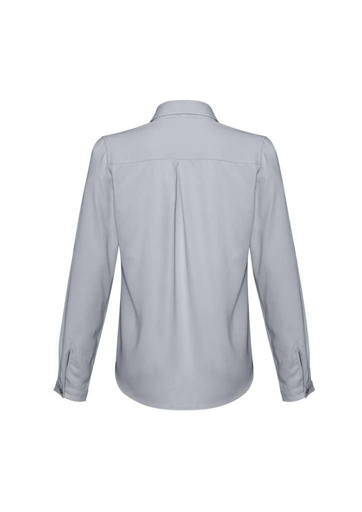 A long-sleeve button-up shirt in light grey with a collar and button details on the sleeves. Features a back pleat and branding.