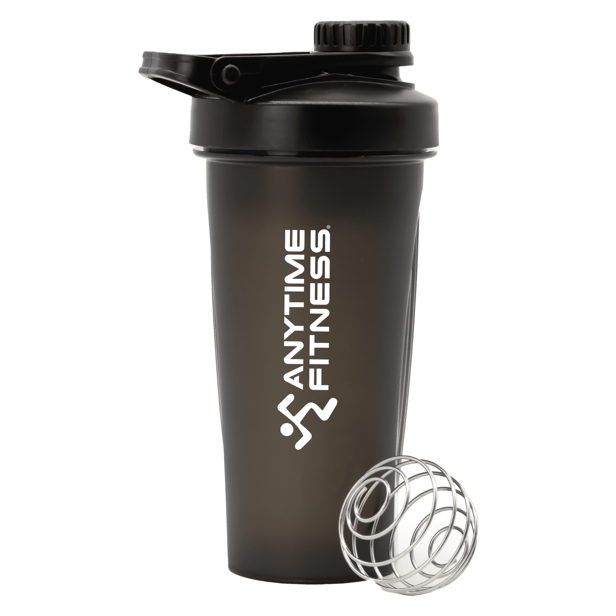 A drink bottle in black with a transparent section, featuring a logo and a metal mixing ball.