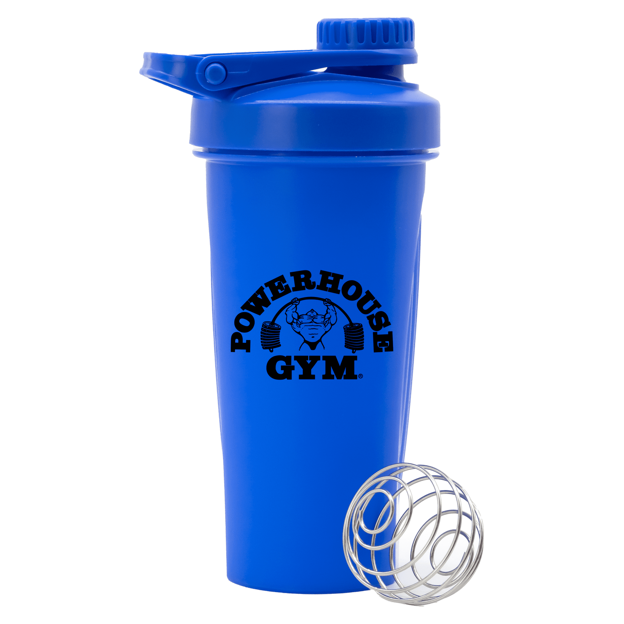 A drink bottle in vibrant blue with a screw-on lid, featuring a logo and a metal whisk ball inside.