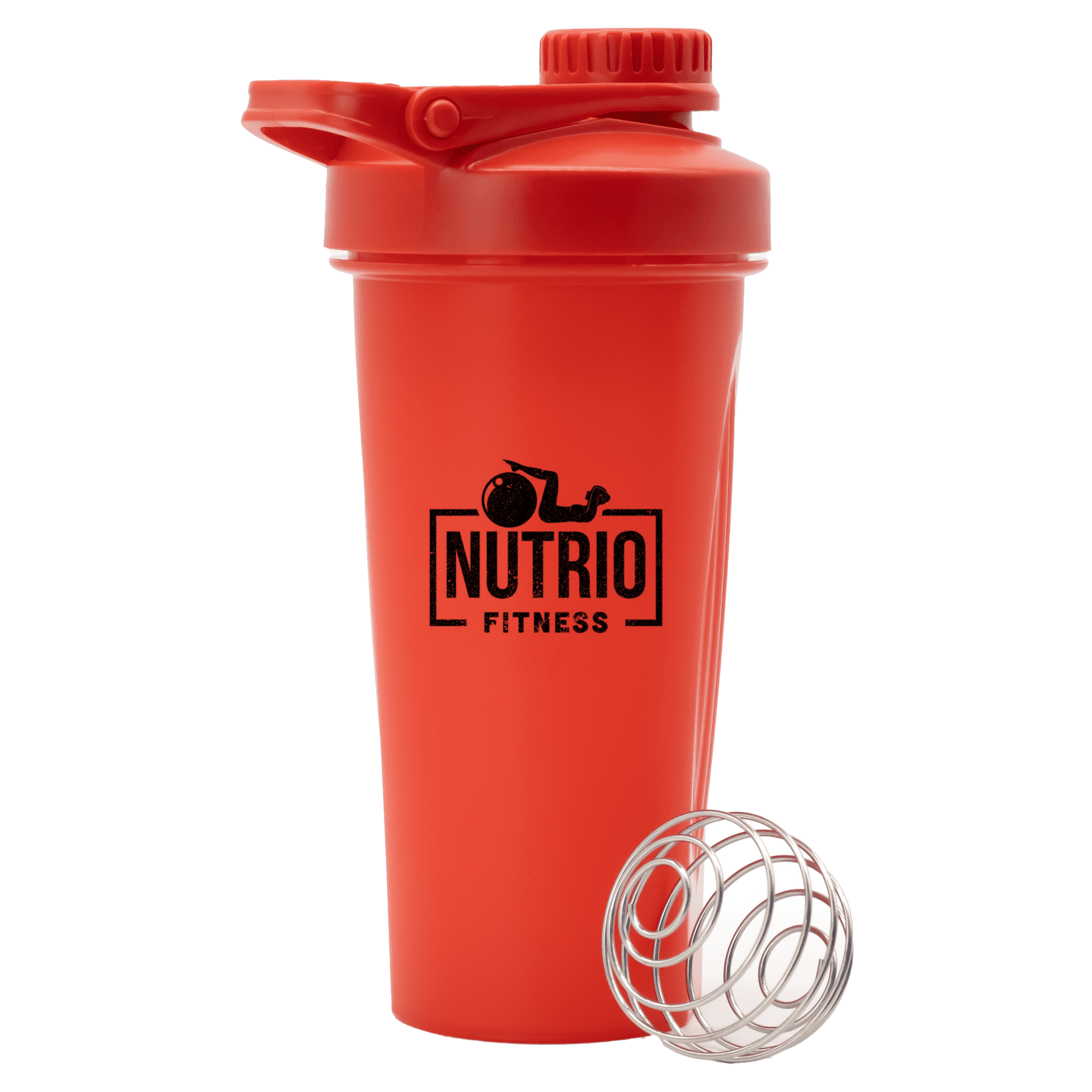 A drink bottle in bright red with a secure lid and a wire mixing ball, featuring a logo.