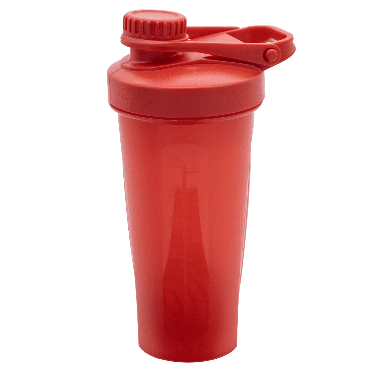 A drink bottle in vibrant red, featuring a secure lid and a built-in whisk ball, with a logo.