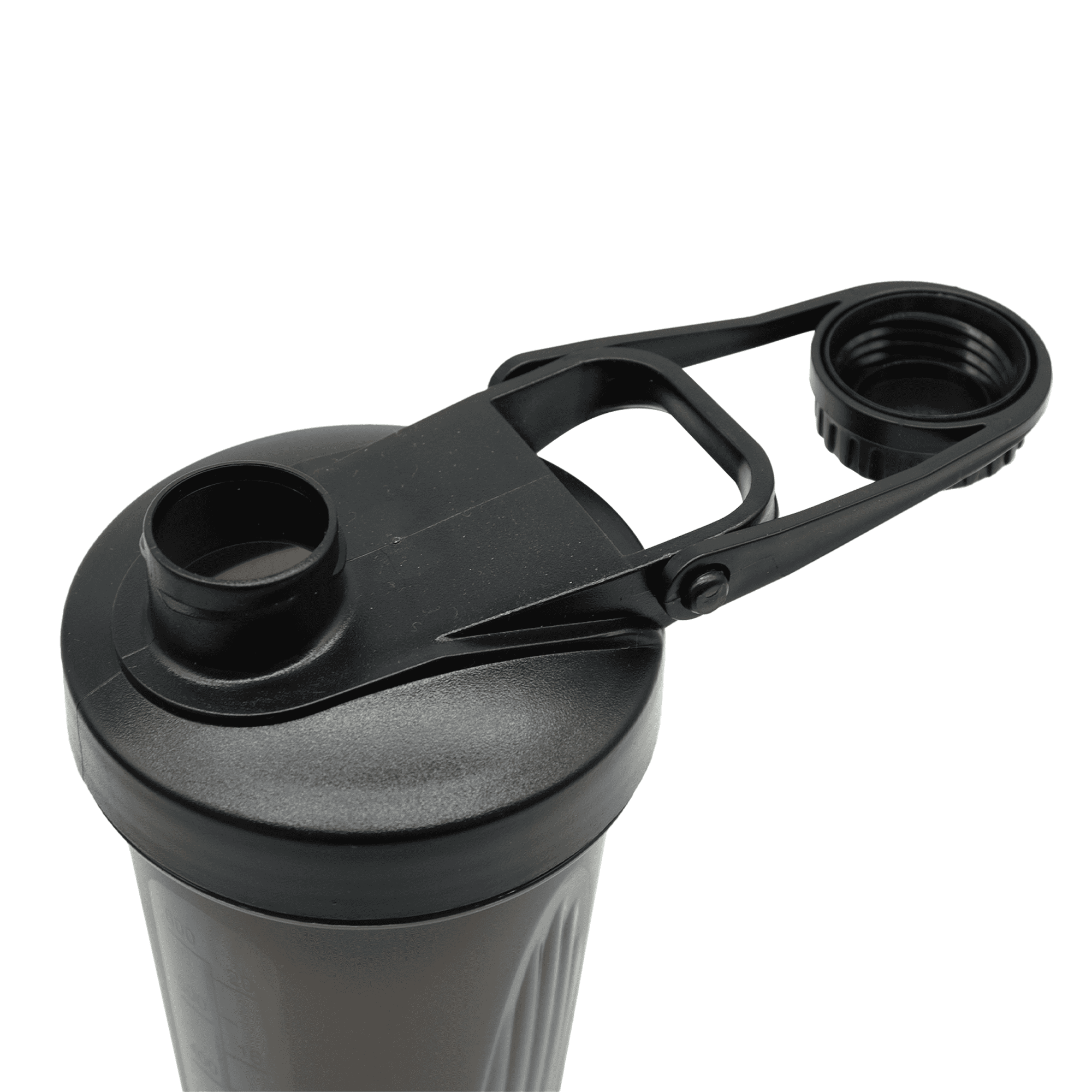 A drink bottle in black with a flip top lid and a small screw cap, featuring a logo.