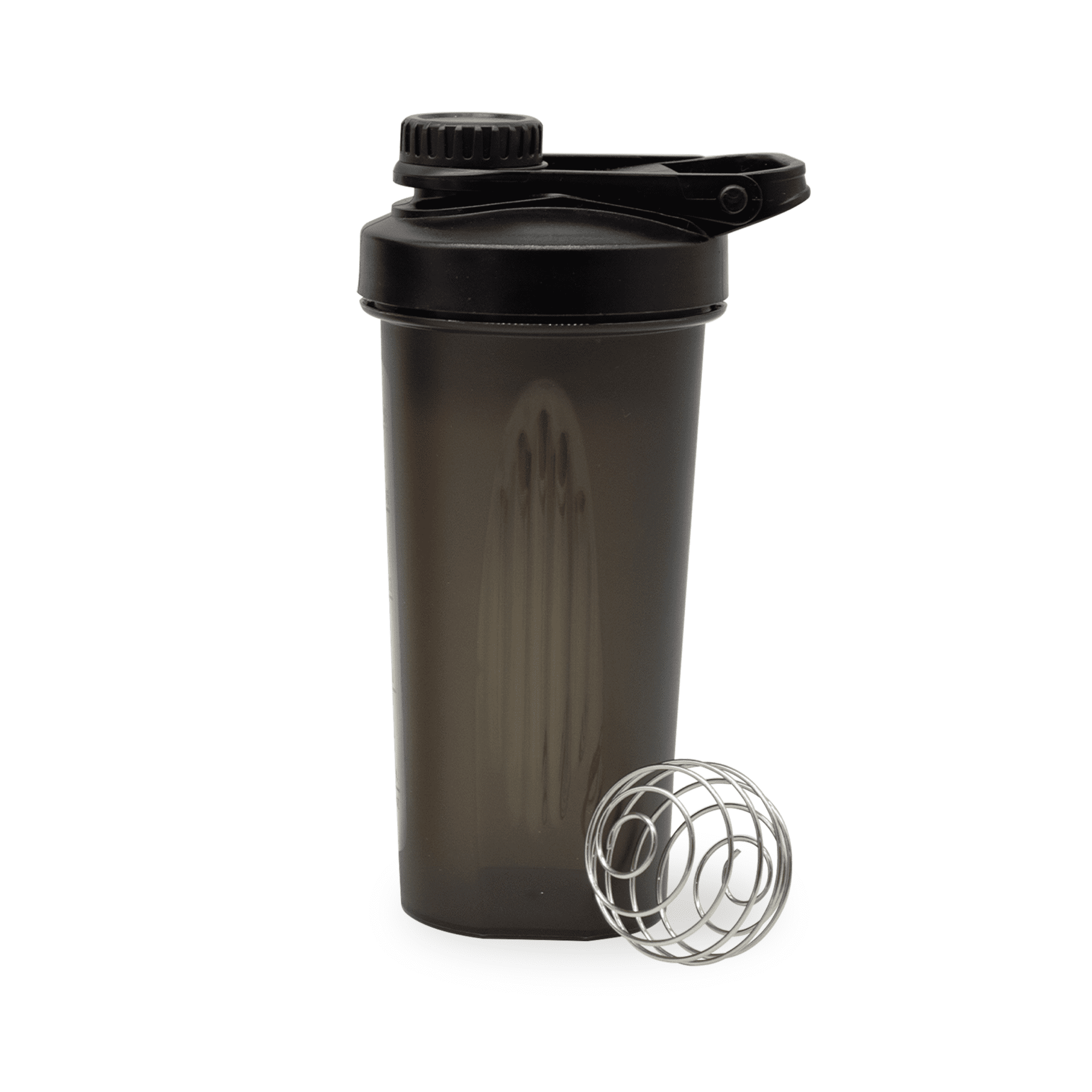 A drink bottle with a black lid and a dark grey body, accompanied by a silver mixing ball, featuring a logo.
