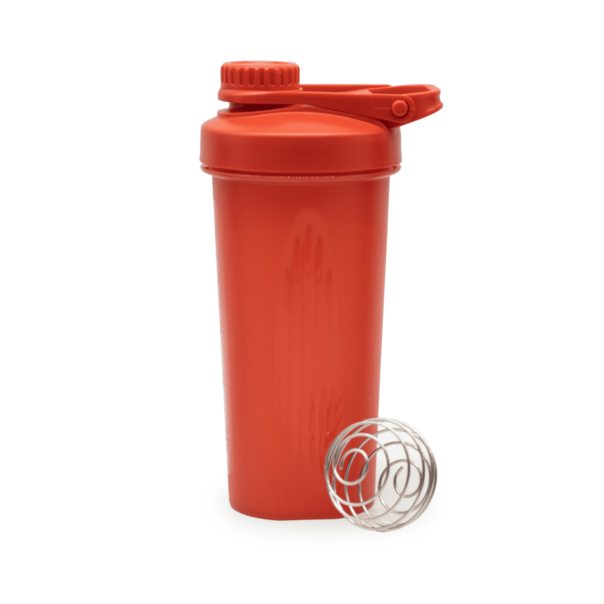 A drink bottle in bright red with a secure lid and a stainless steel mixing ball beside it. It features a logo.