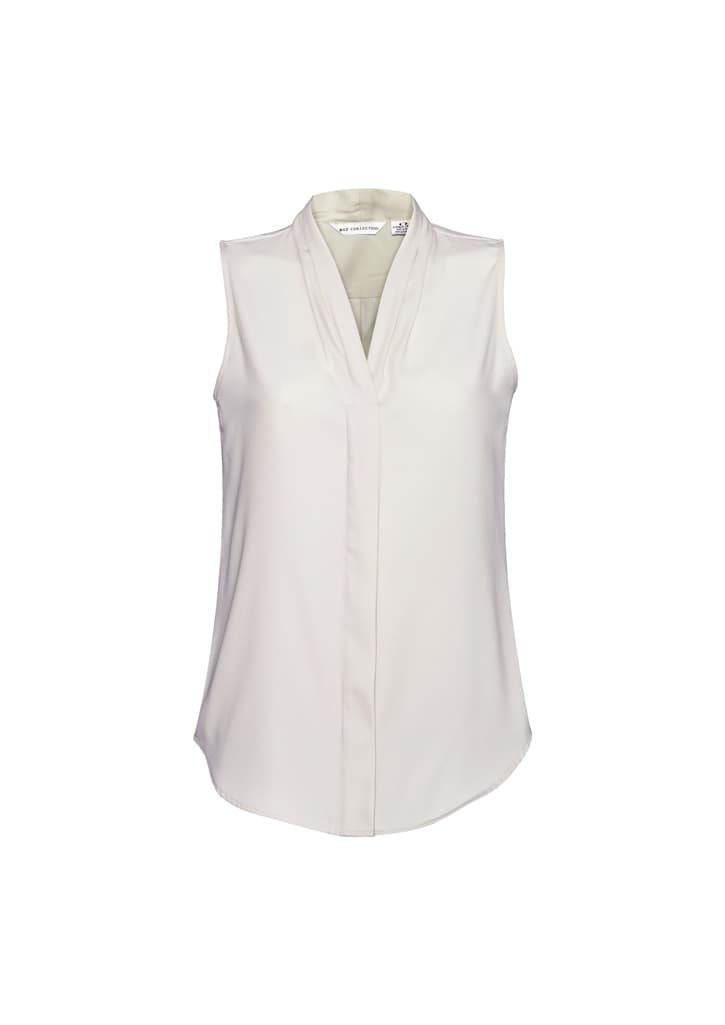 A sleeveless, light cream women's top with a v-neck and soft fabric. Features a branding logo.