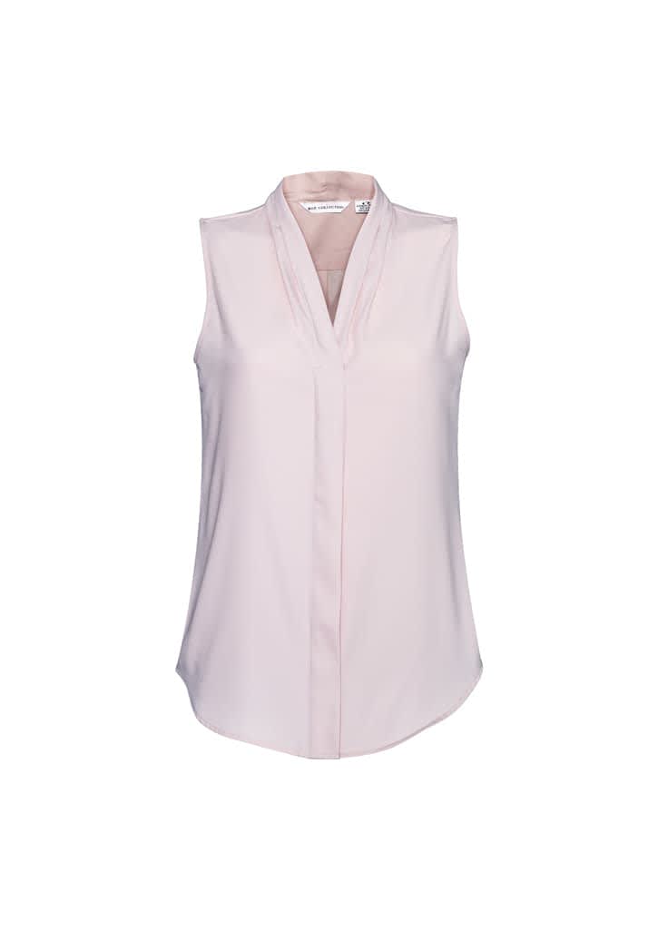 A light pink sleeveless top with a v-neck and a subtle draped design. It features a brand logo.