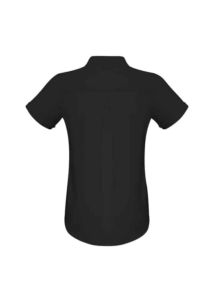 A black women's button-up shirt with a short sleeve design and a pleat detail at the back.