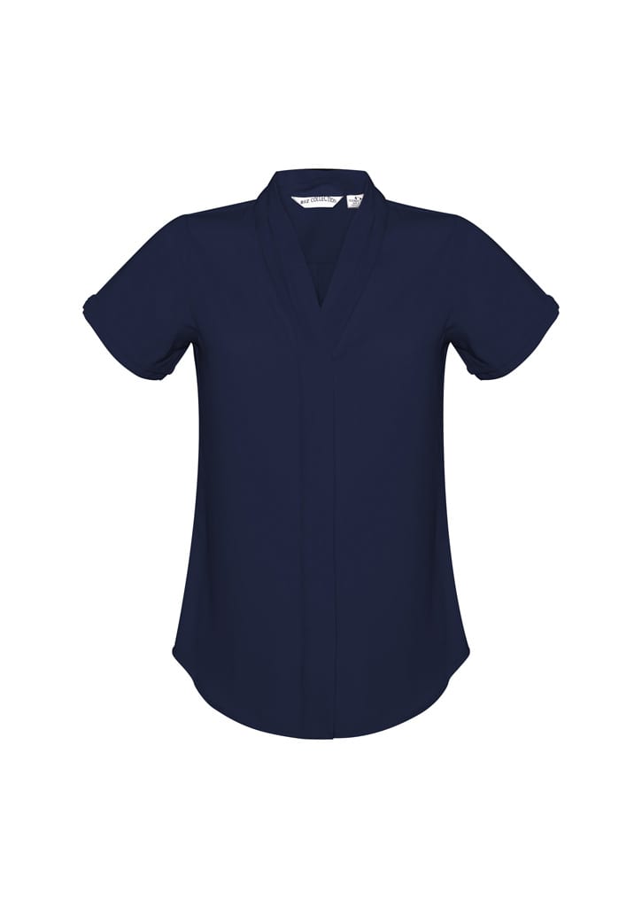A navy blue women's button-up shirt with short sleeves and a v-neck design. It features a logo.