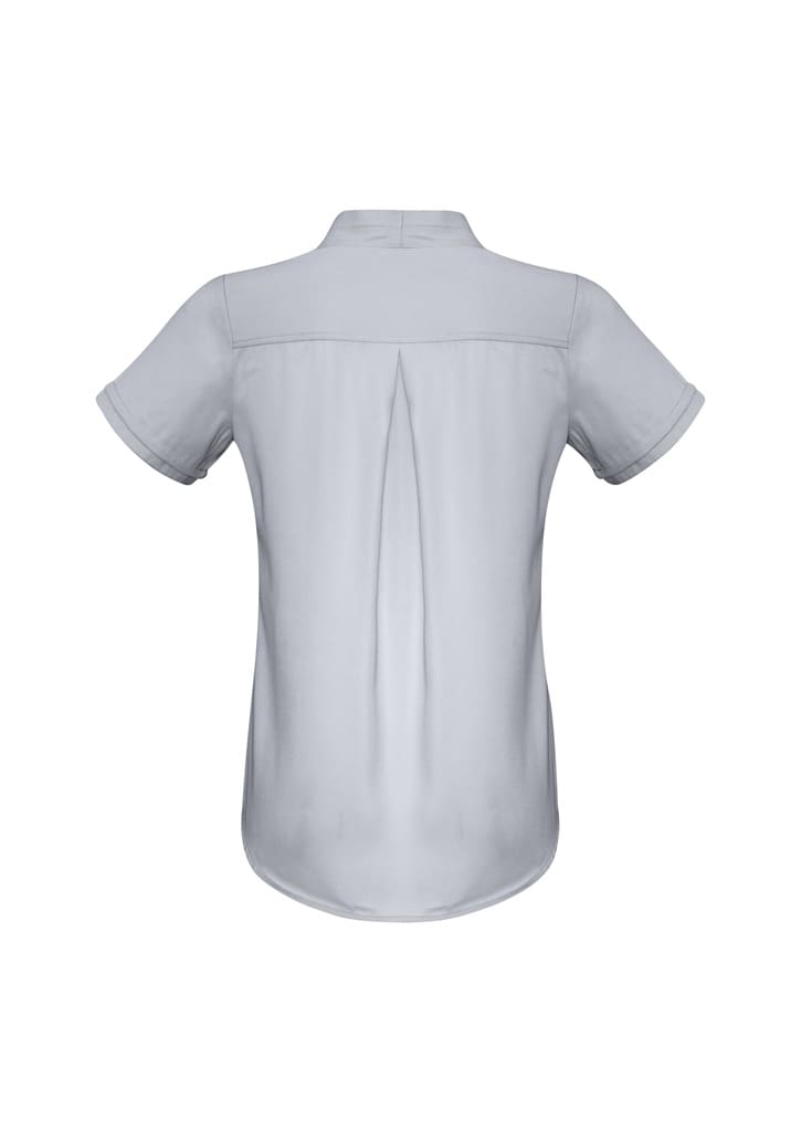 A women's button-up shirt in light grey with short sleeves and a pleat detail at the back. It features a logo.