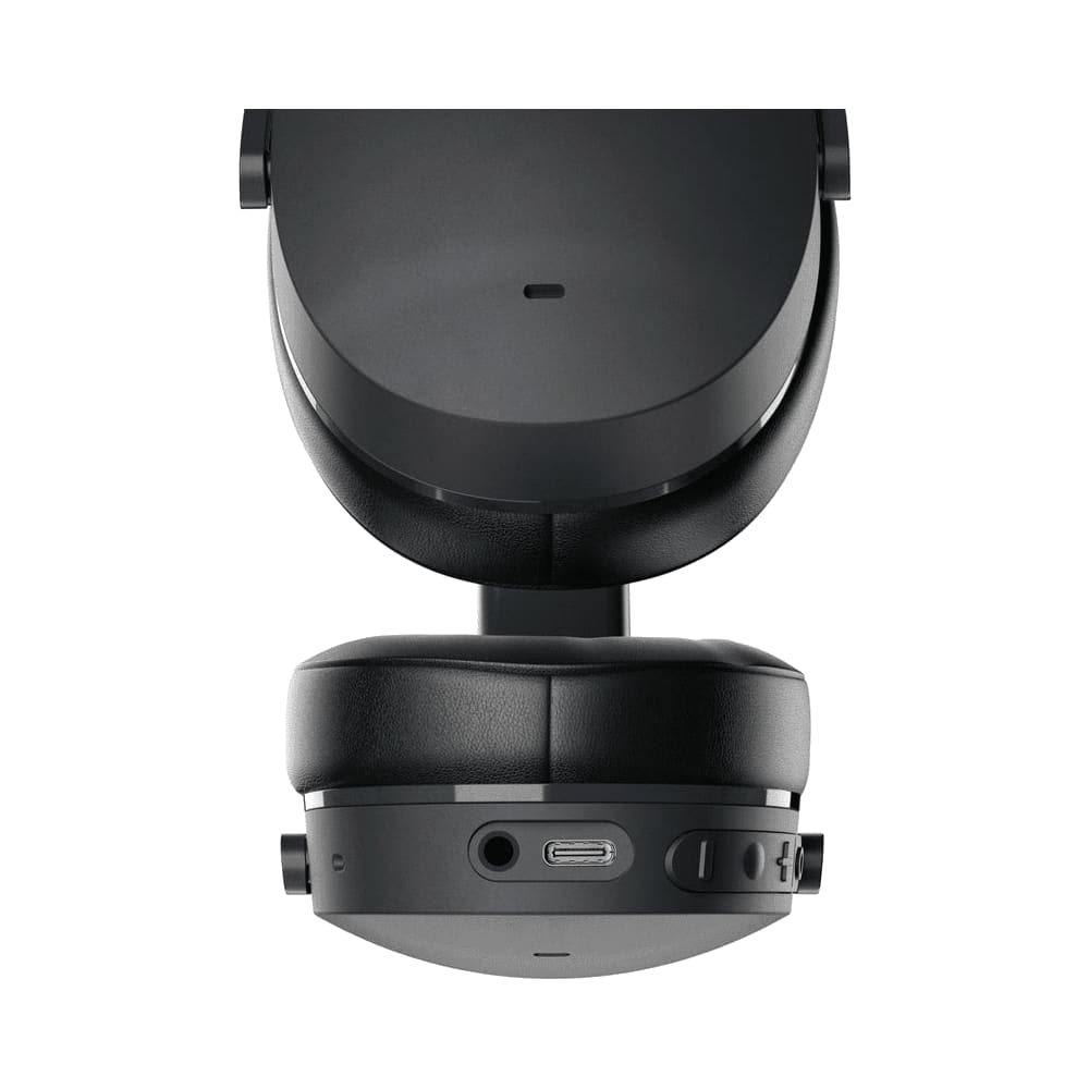 A pair of black wireless headphones featuring controls and a logo, showcasing a sleek design.