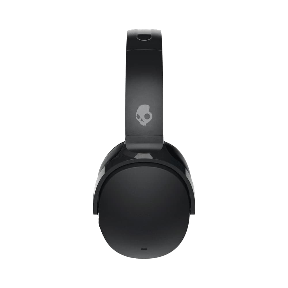 A pair of black wireless headphones featuring a logo and a sleek design.