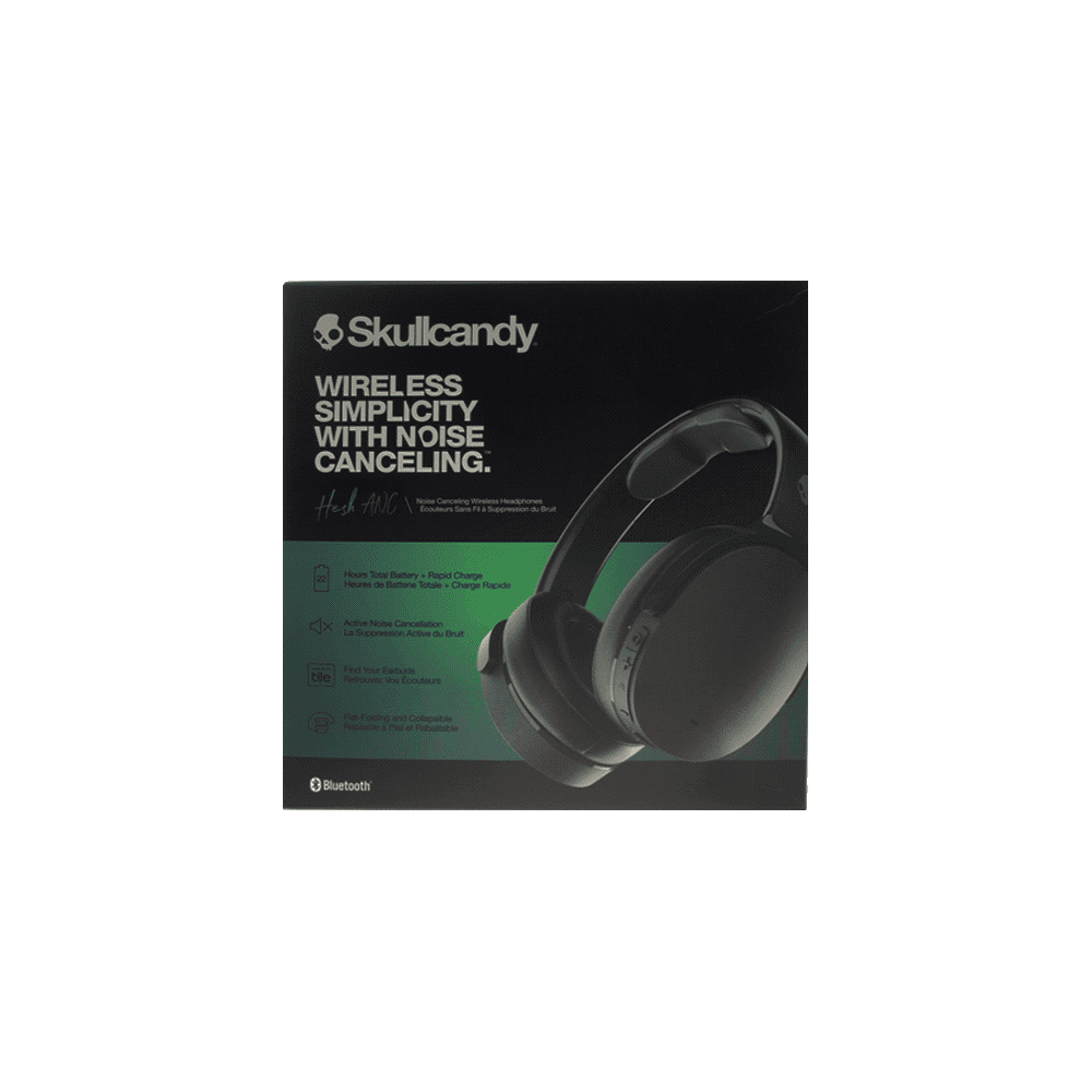 Black wireless headphones with noise cancelling, featuring a logo and packaging design for the Skullcandy Hesh ANC model.