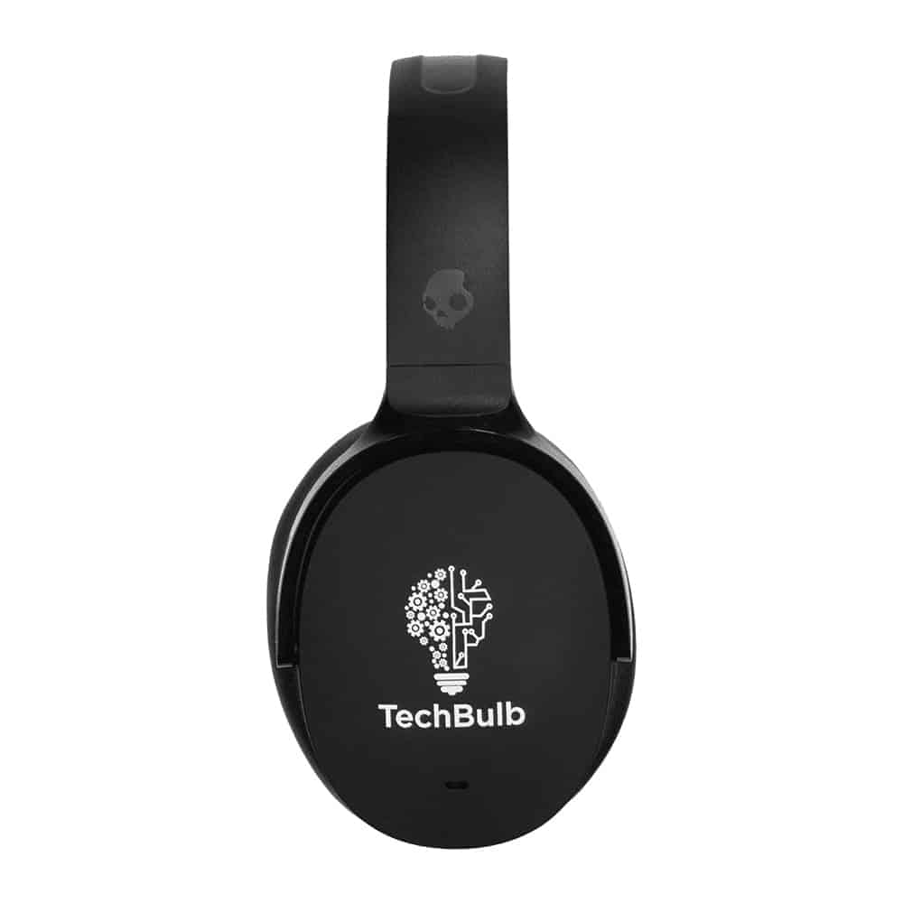 A pair of black wireless headphones with a sleek design, featuring a USB-C port and control buttons.