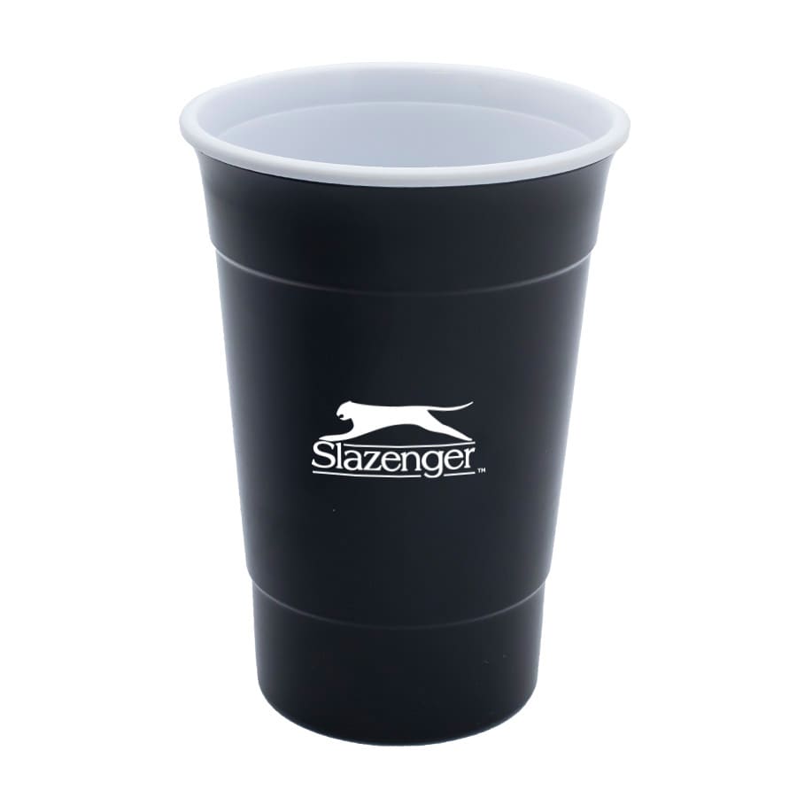 A drink cup in black featuring a logo, with a double wall design and a capacity of 470mL.