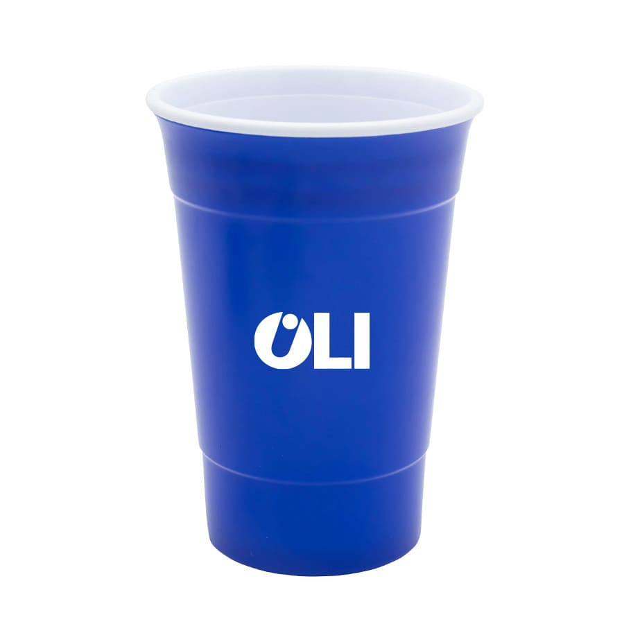A drink cup in vibrant blue with a white logo, featuring a double wall design for insulation.