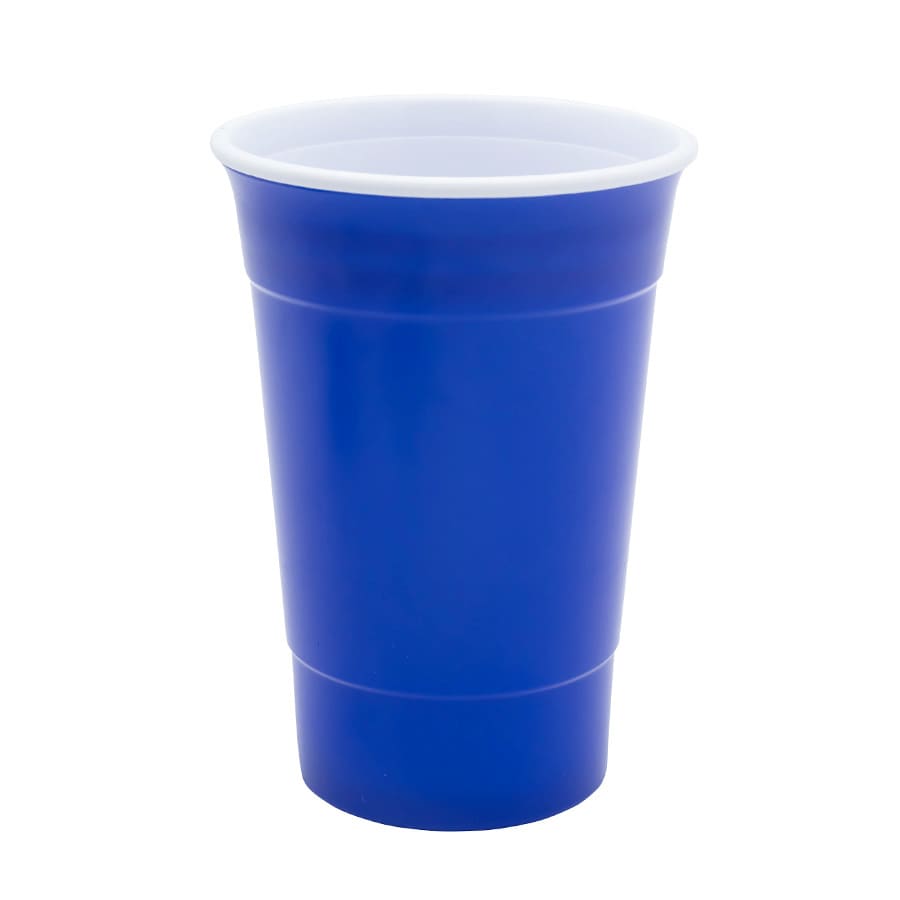 A blue double wall cup with a white inner layer, suitable for beverages. Features a logo design.