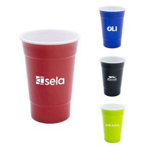 A drink cup collection featuring red, blue, black, and lime green colours, with various logos displayed.