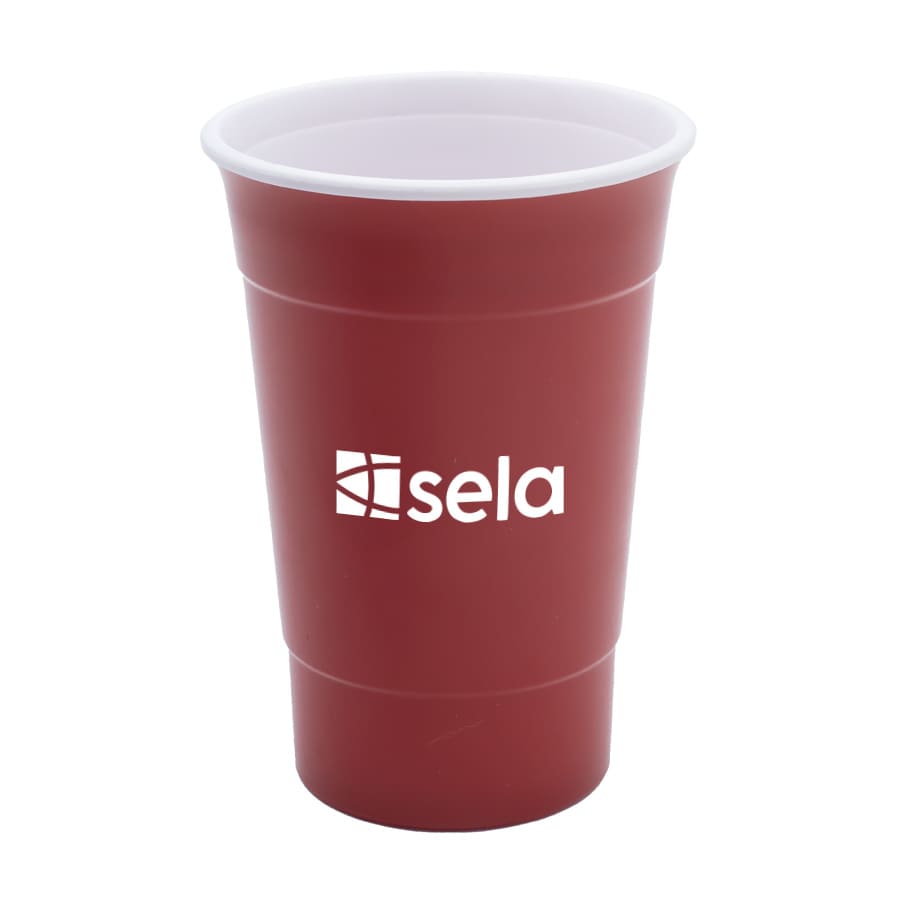 A drink cup in maroon featuring a white logo, designed with a double wall for insulation.
