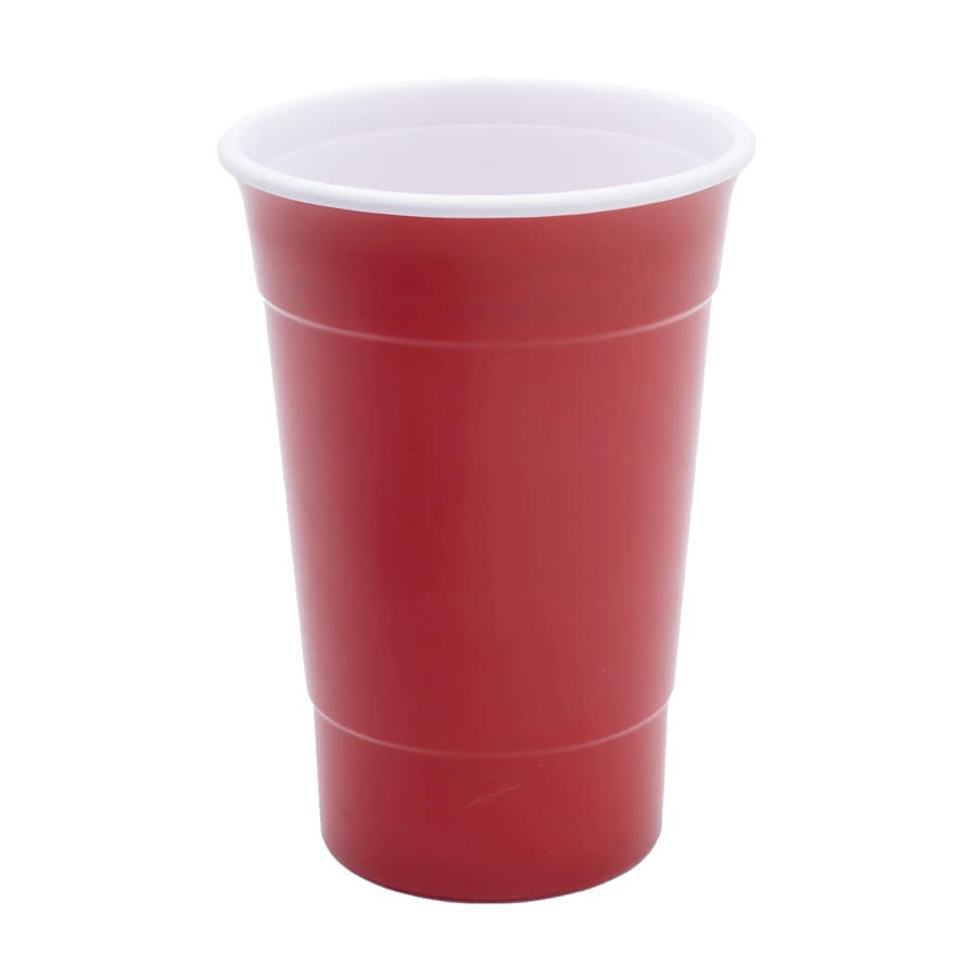 A drink cup with a red exterior and white interior, featuring a logo on its surface.