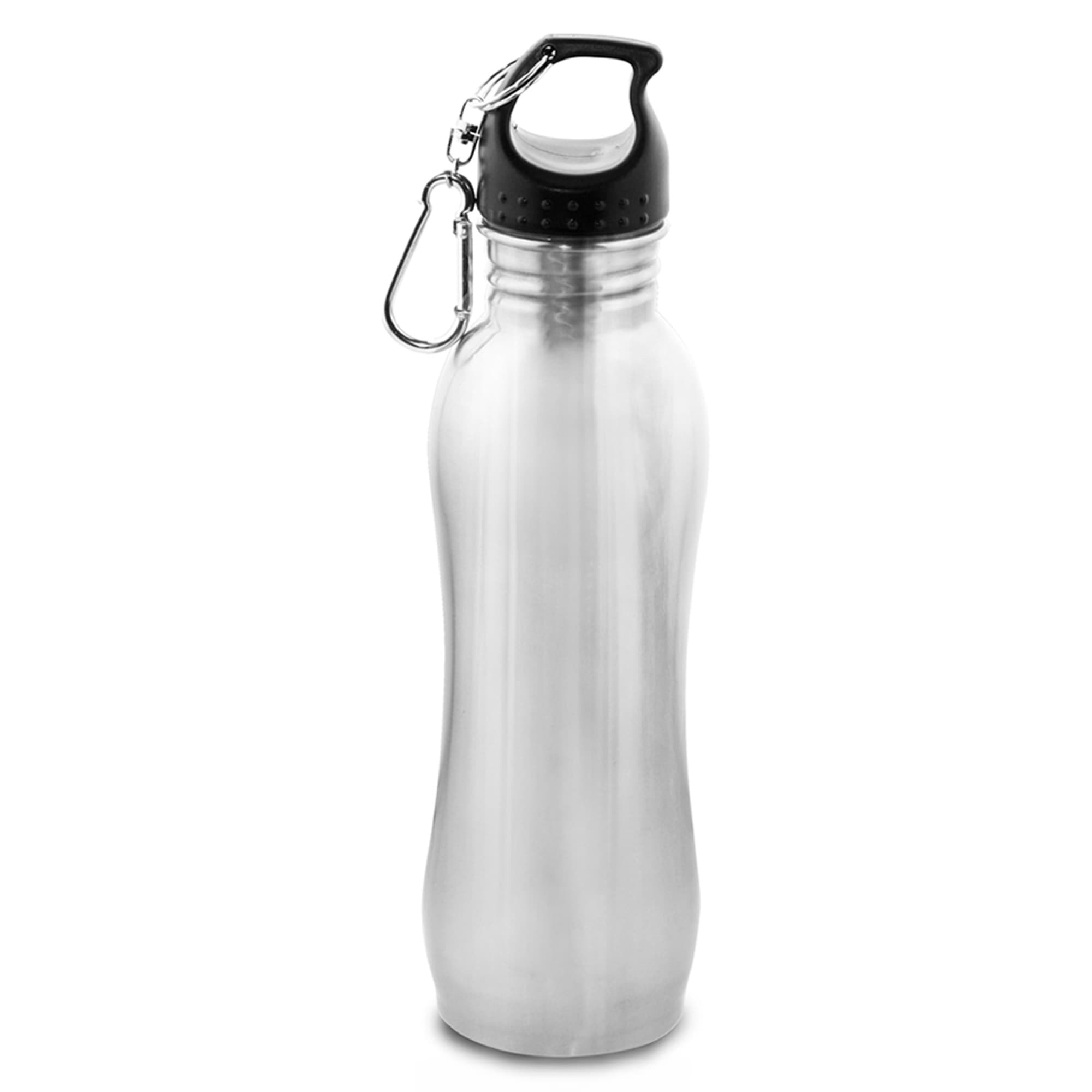 A drink bottle made of silver stainless steel with a black plastic lid and a carabiner attachment.