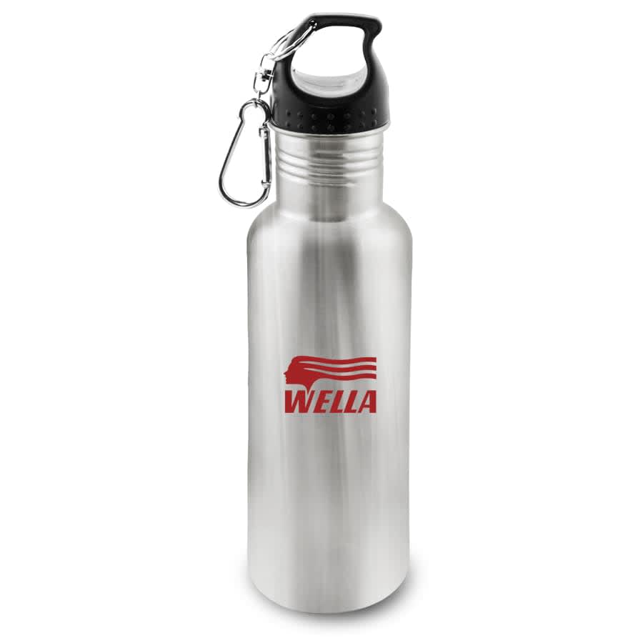 A drink bottle made of stainless steel with a black lid, featuring a logo on the front.