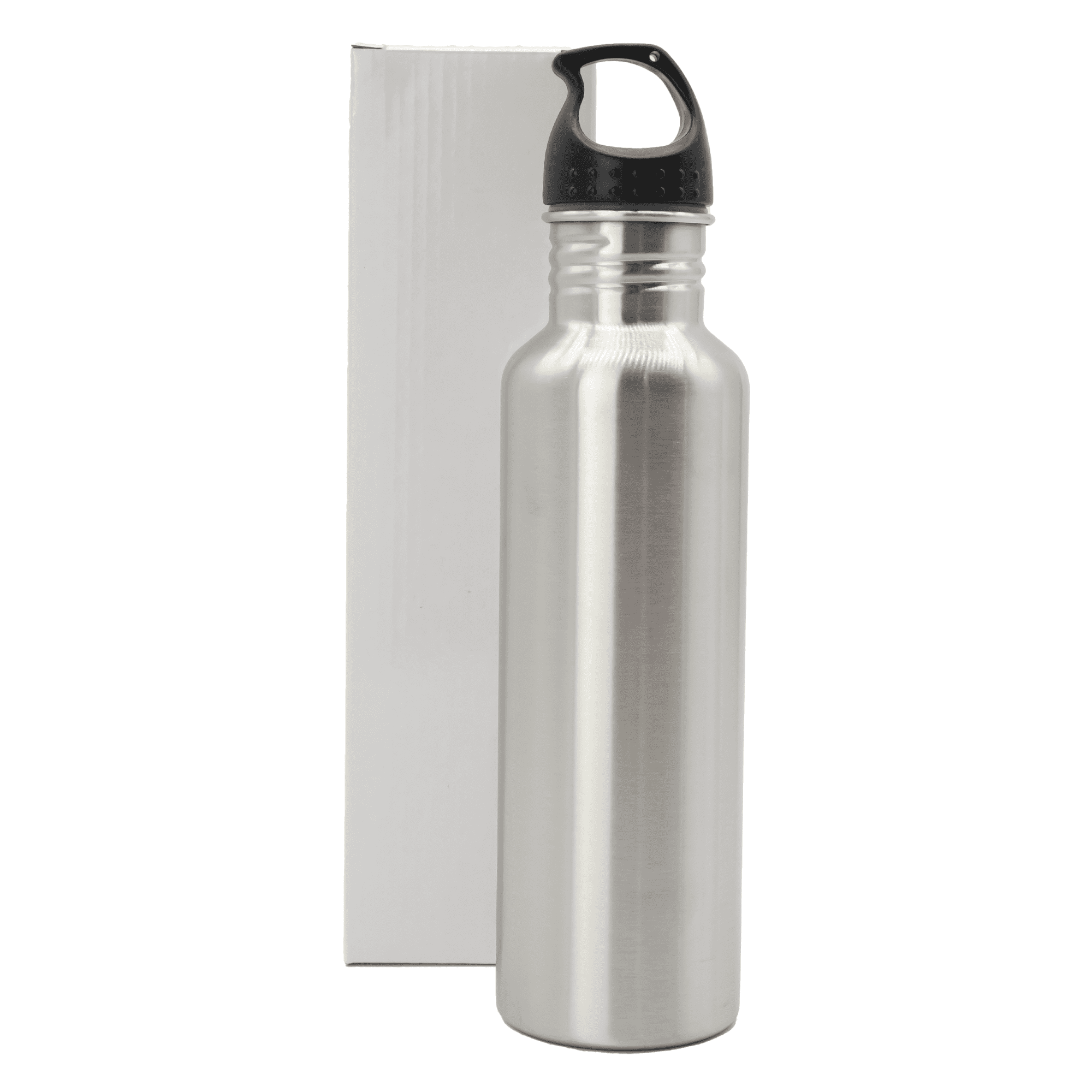 A drink bottle made of stainless steel with a black cap, presented beside its packaging.