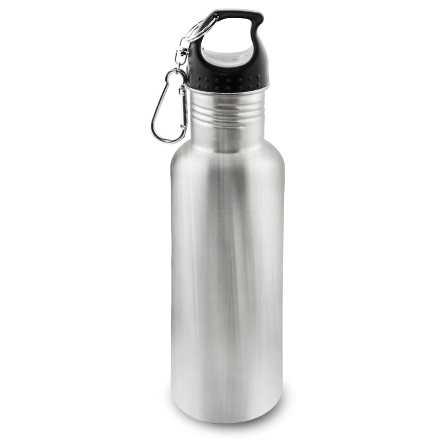 A drink bottle featuring a sleek silver design with a black cap and a carabiner attachment.