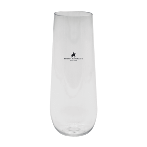 A clear, stemless shatterproof champagne glass featuring a logo, suitable for drinkware.