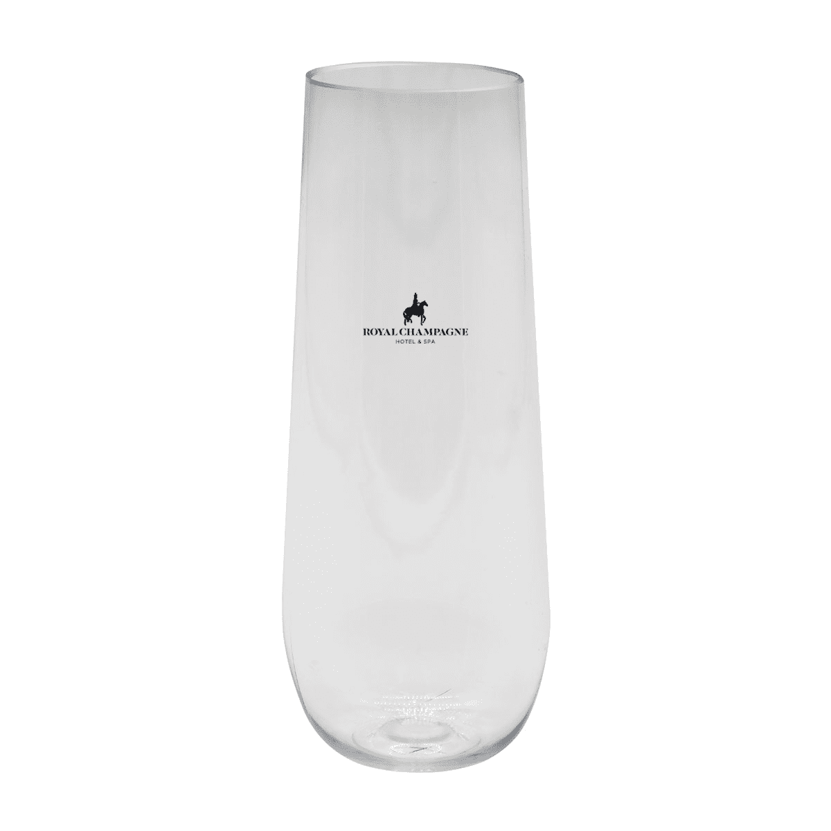 A clear, stemless shatterproof champagne glass featuring a logo, suitable for drinkware.