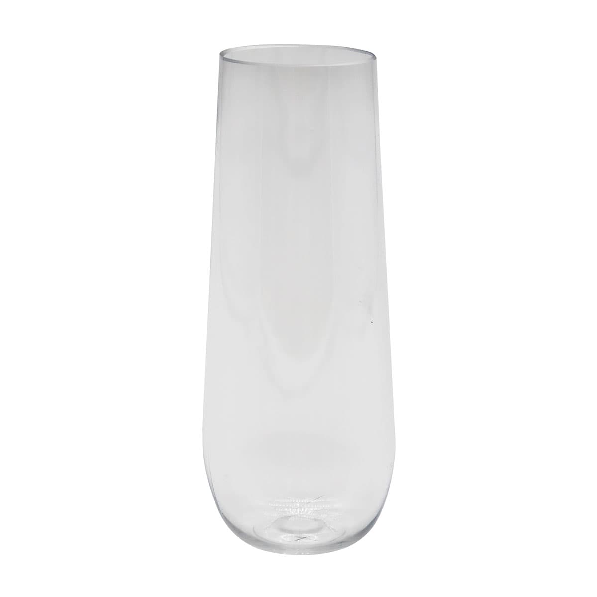 A stemless shatterproof champagne glass in clear plastic with a smooth, modern design. It features a logo.