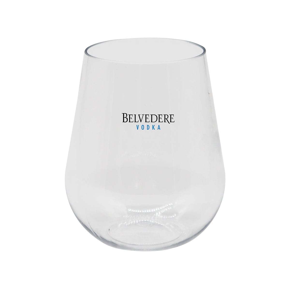 A stemless, shatterproof white wine glass in clear plastic featuring a logo.