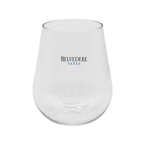 A stemless, shatterproof wine glass in clear plastic, featuring a logo.