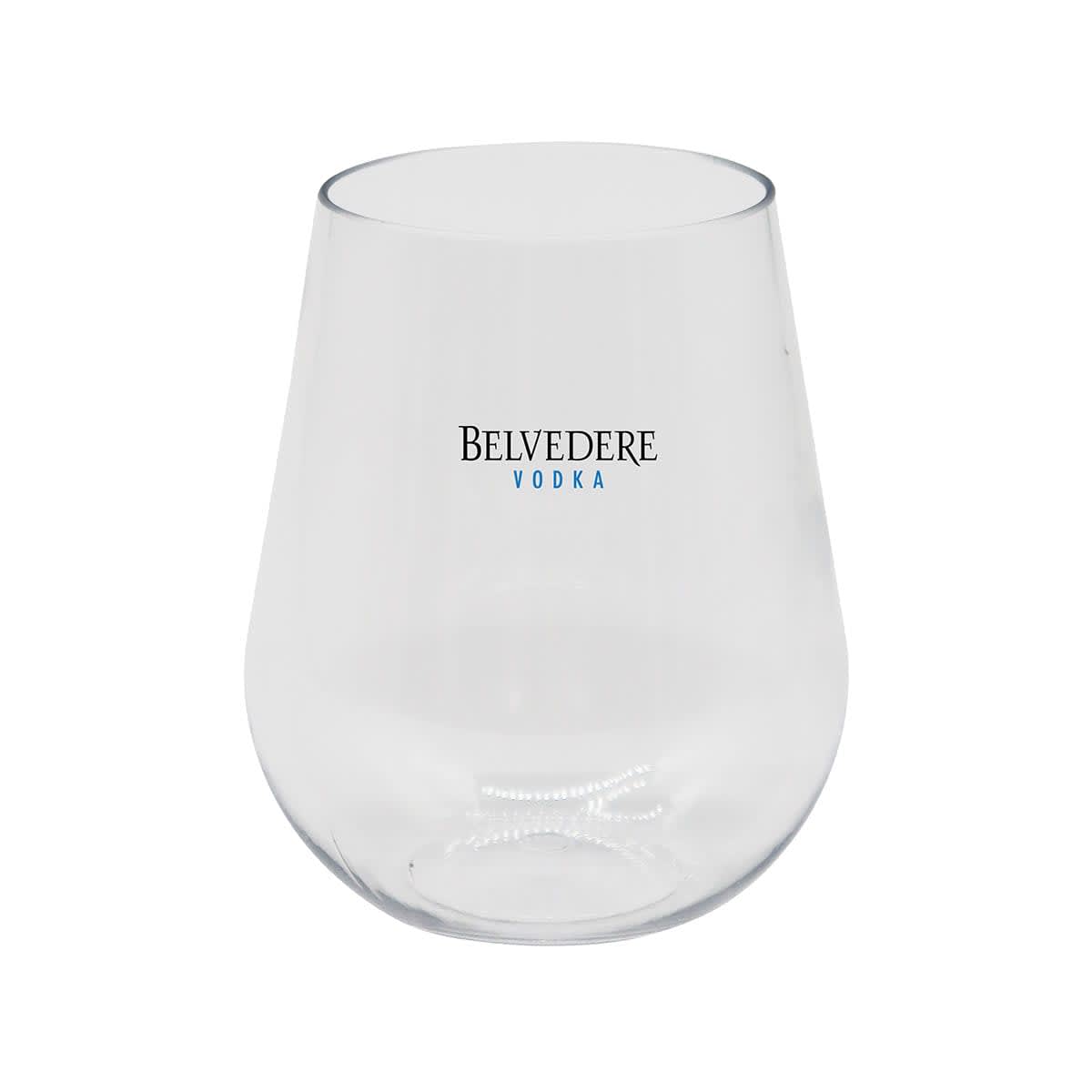 A stemless, shatterproof wine glass in clear plastic, featuring a logo.