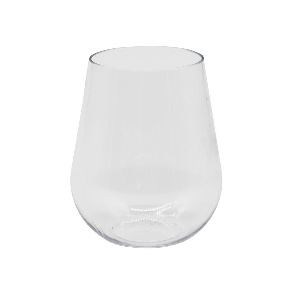 A stemless, shatterproof white wine glass in clear colour, featuring a simple design.