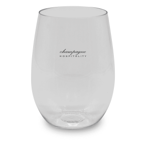 A stemless, shatterproof red wine glass in clear plastic with a logo. Suitable for outdoor use.