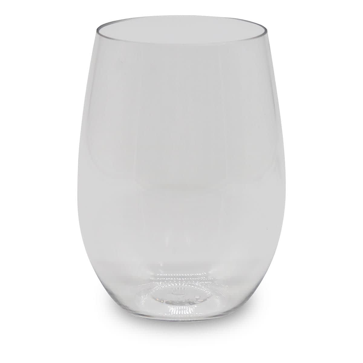 A clear, stemless shatterproof red wine glass with a smooth, rounded shape. Features branding on the side.