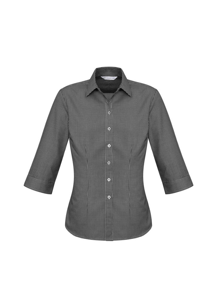 A women's button-up shirt featuring a black and white gingham pattern and 3/4 sleeves. The shirt has a logo.