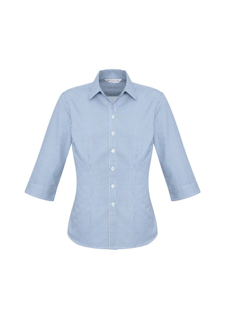 A blue and white checked women's 3/4 sleeve button-up shirt with a collar and a logo.