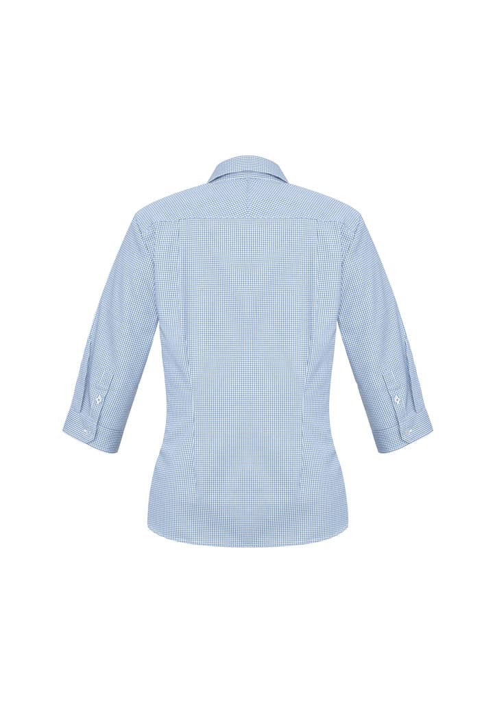 A blue and white checked women's button-up shirt with 3/4 sleeves and a collared neckline. It features a logo.