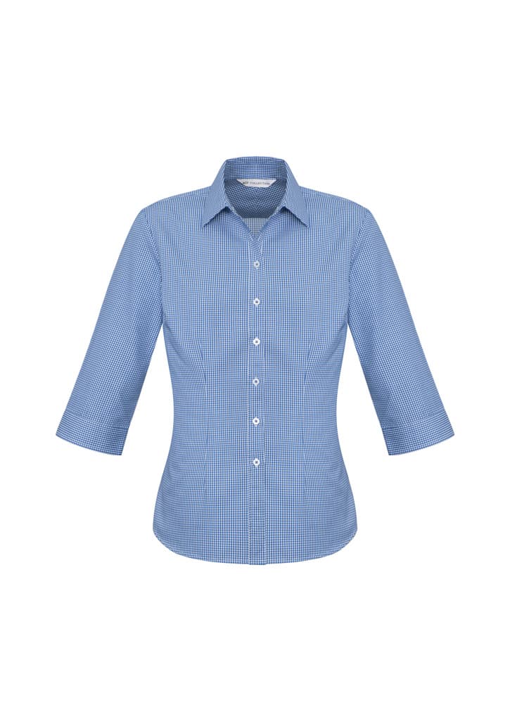 A women's blue and white checkered button-up shirt with 3/4 sleeves and a collar.