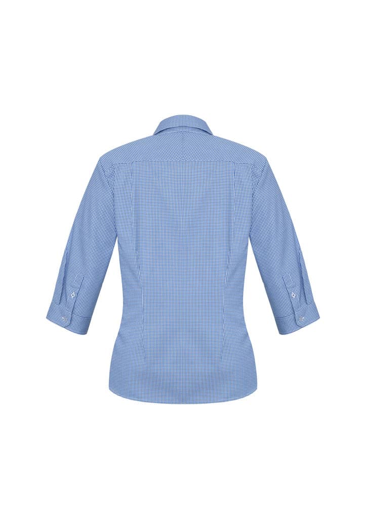A women's blue check patterned 3/4 sleeve button-up shirt with a fitted design and rolled sleeves.