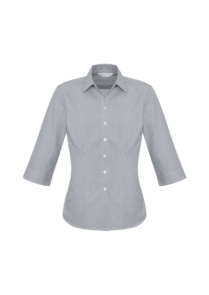 A women's button-up shirt in a checkered pattern, featuring 3/4 sleeves and a collar. The shirt has a fitted design.