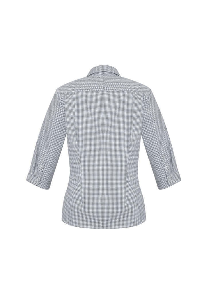 A women's 3/4 sleeve button-up shirt in a checkered pattern, featuring a back view and a logo.