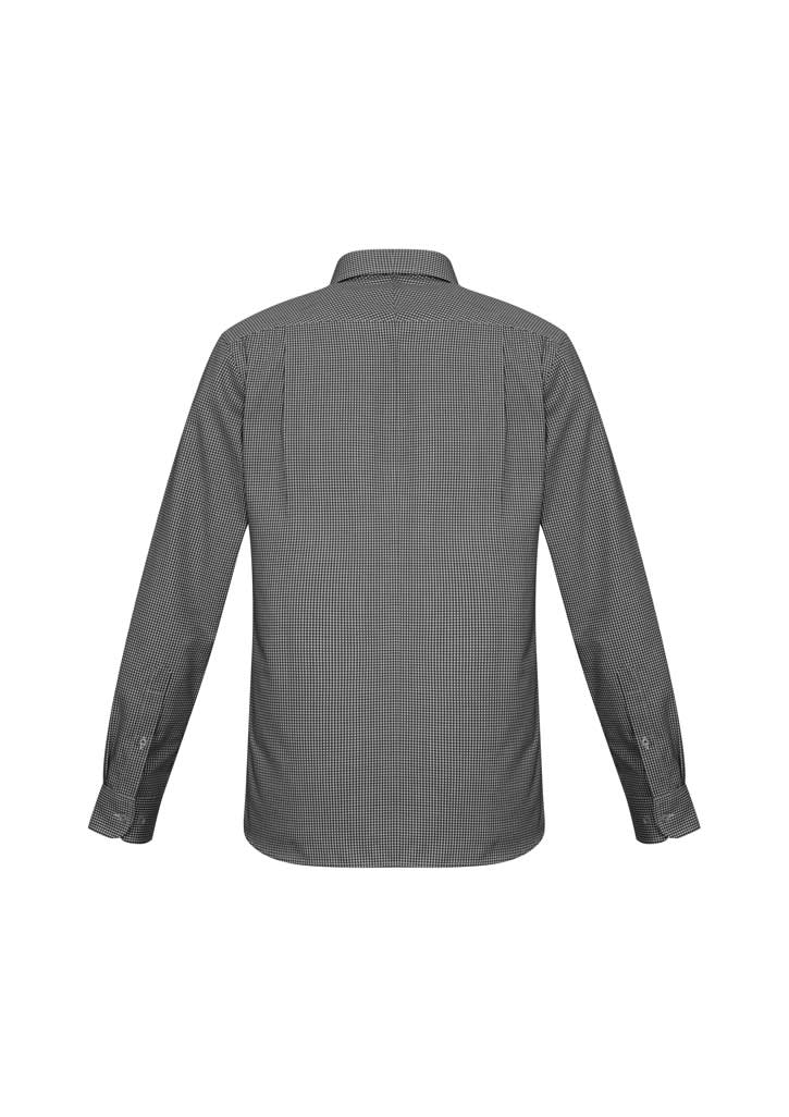 A men's long sleeve button-up shirt in a black and white striped pattern, featuring a collar and button cuffs.