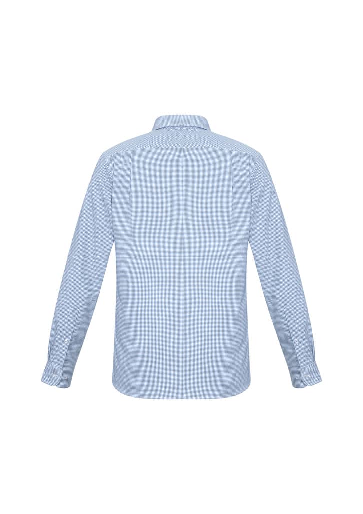 A blue and white striped long sleeve shirt with a collar and button cuffs, featuring a logo on the back.